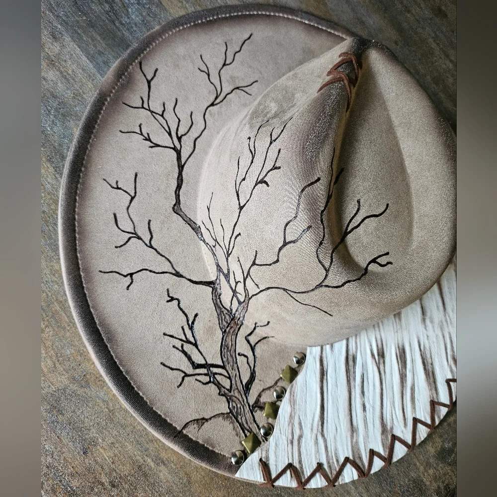 NWT Mocha Hand Burned Western Fedora Cowboy Hat With Genuine Leather